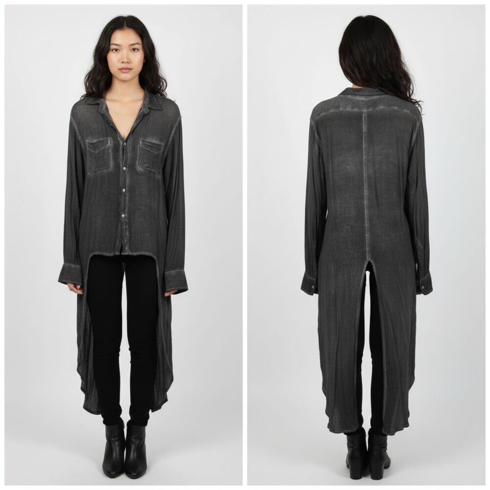 Stillwater Gray Long Sleeve Button Front Tuxedo Tail Blouse Top S